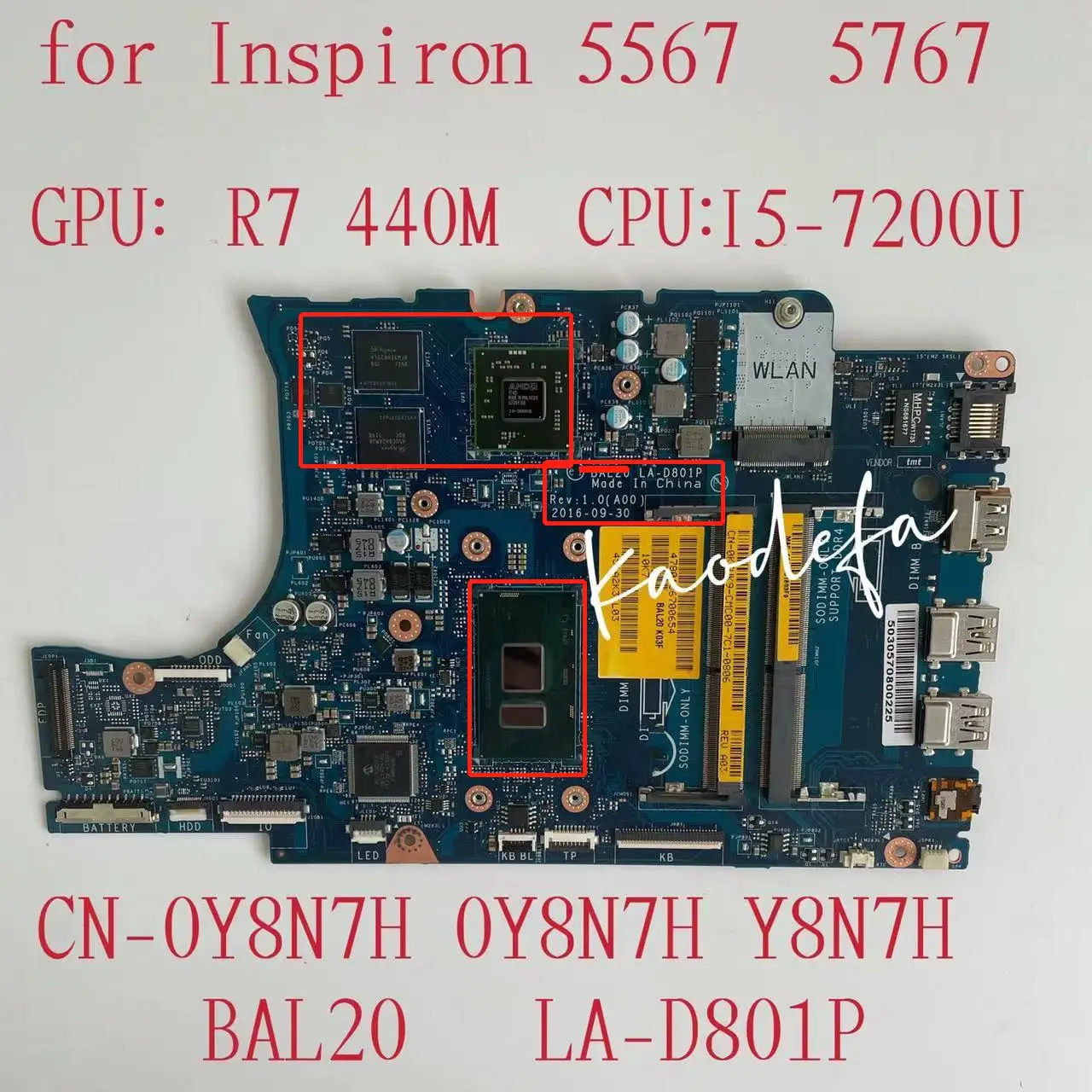 

BAL20 LA-D801P For dell Inspiron 5567 5767 Laptop Motherboard With i5-7200U 216-0889018 CN-0VK1G0 VK1G0 CN-0Y8N7H Y8N7H Test OK