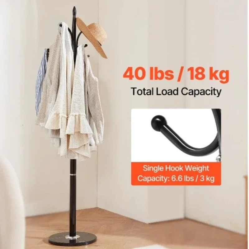 Freestanding 6-Hook Coat Rack with Marble Base Coat Tree Stand for Entryway Bedroom Hallway