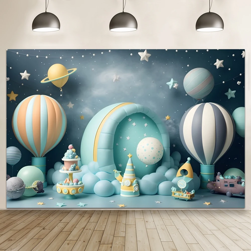 Niebieski statek kosmiczny chłopiec 1. urodziny tło 3D balon na ogrzane powietrze kreskówka astronauta ciasto zgniatanie tło fototapety do studia