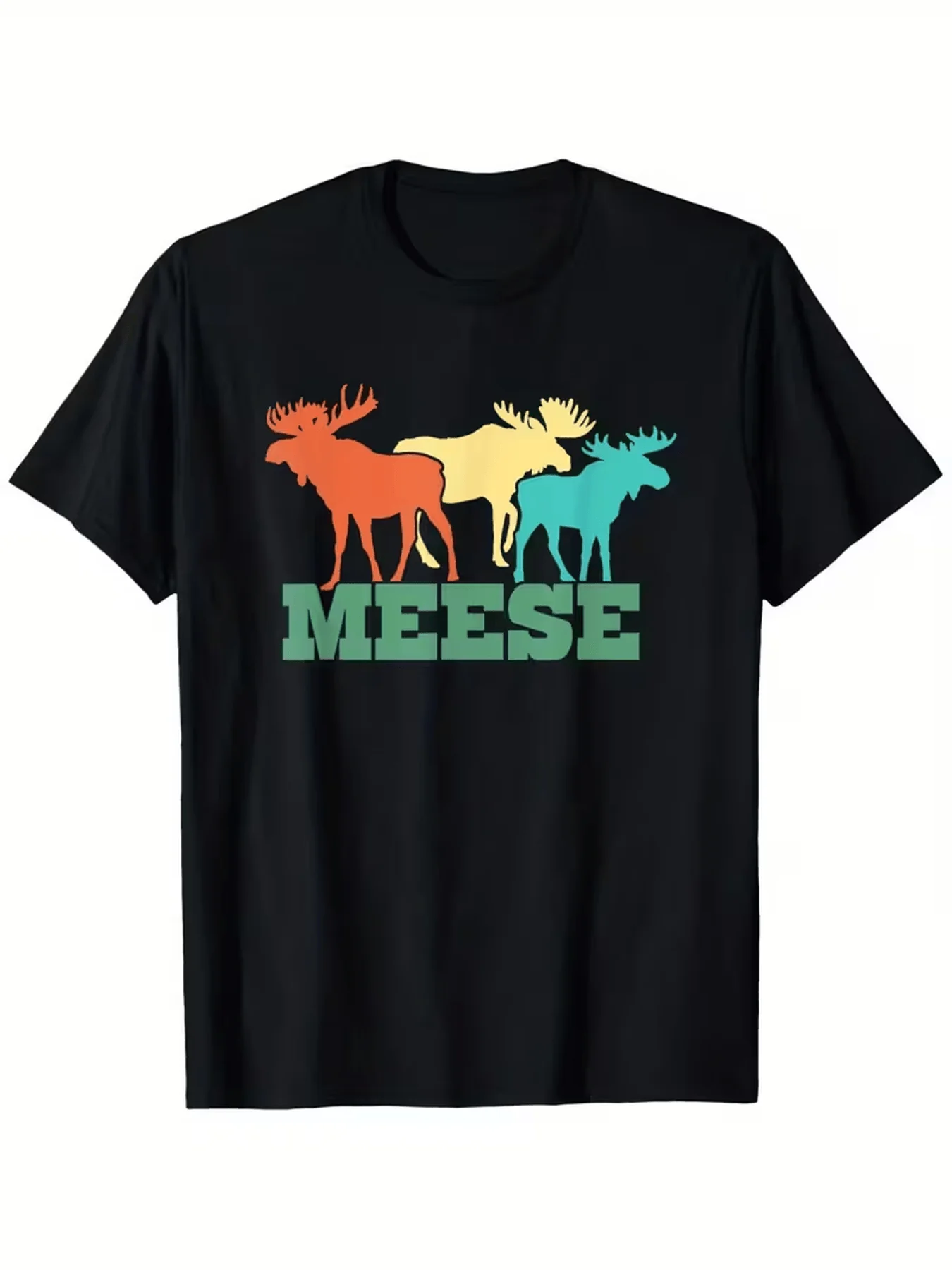 Men's Vintage Moose Graphic T-Shirt - Black with Green Moose & 'MEESE' Text Print,Loose Fit Crew Neck Short Sleeve Top