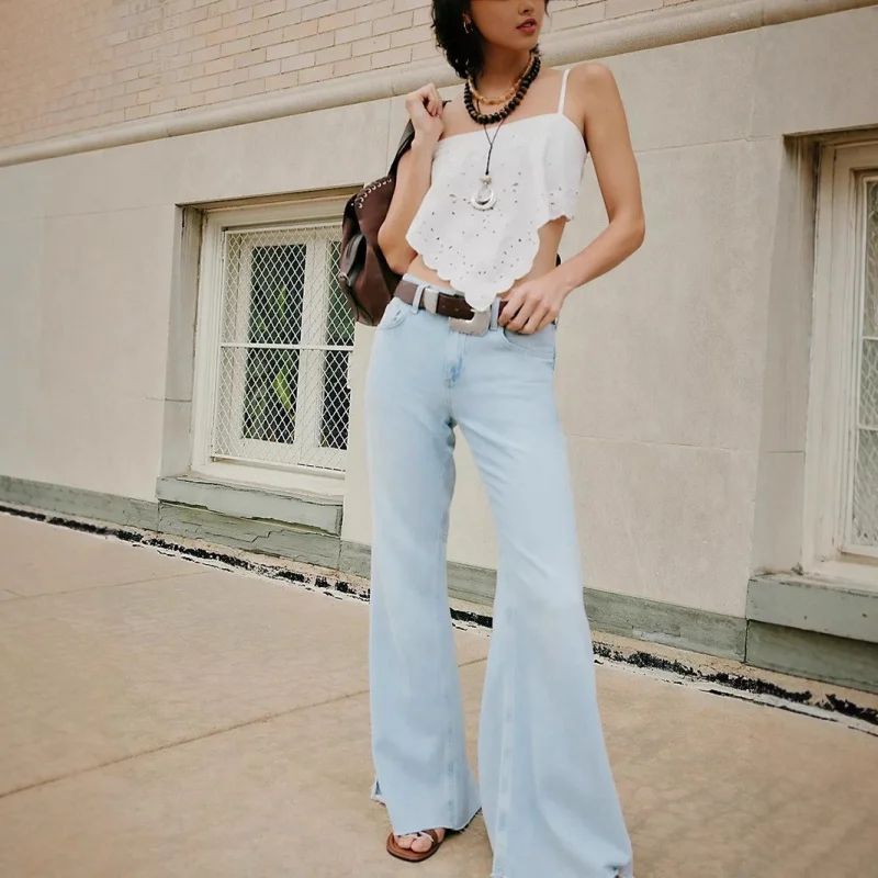 플레어 팬츠 여성용 바닥 길이 바지 유럽 및 미국 스타일 패치워크 청바지 하이웨이스트 패션 롱 팬츠