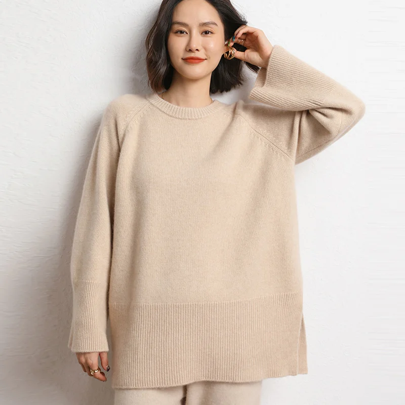 2023 Spring Autumn Winter 100% Cashmere Sweater Round Collar Knit Pullover Women\'s High Quality Female Loose Large Size Top