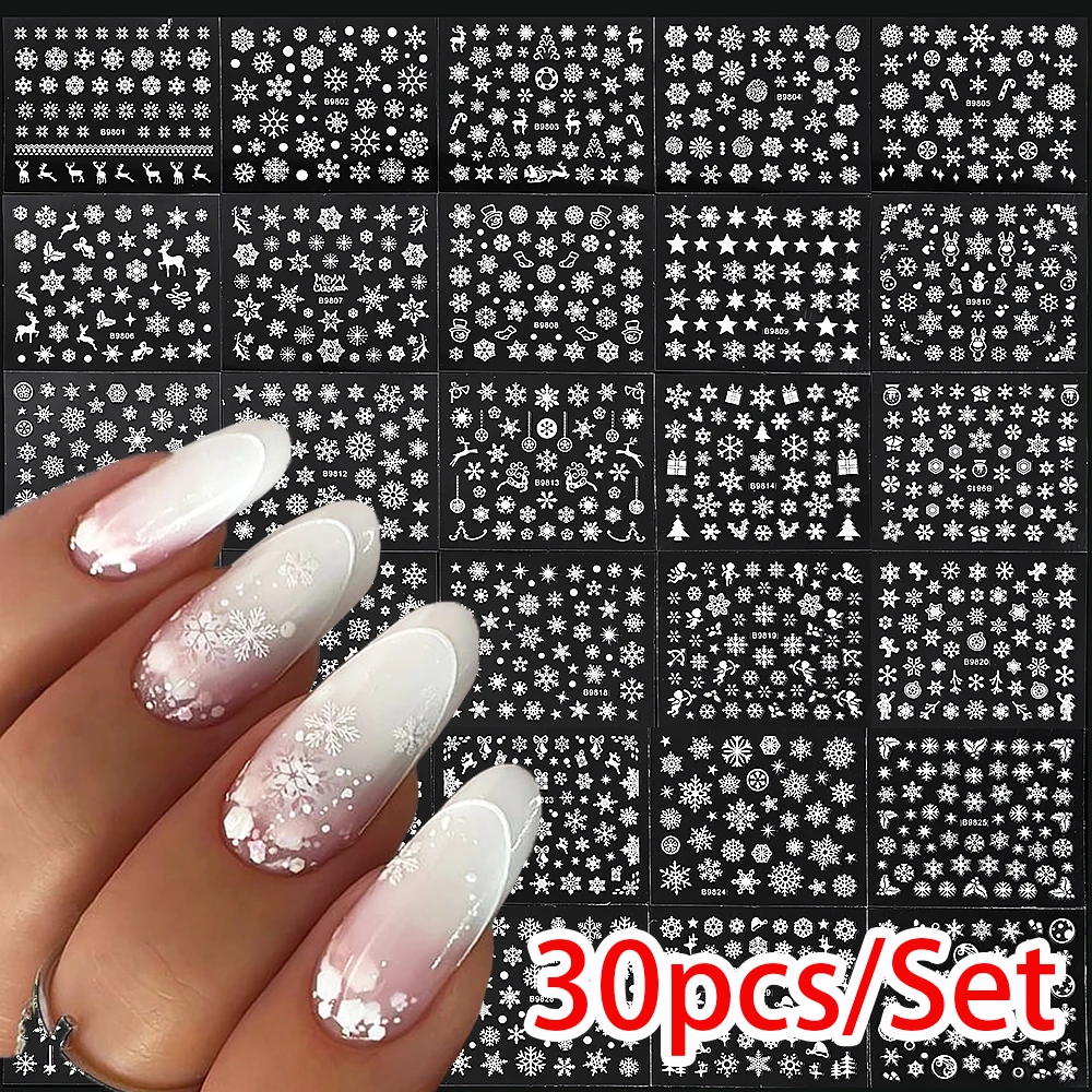 30pcs/Set French Snowflake Christmas Nail Art Stickers 3D Multiple Models Self Adhesive Snowflakes Nail Decals Manicure Slider﻿