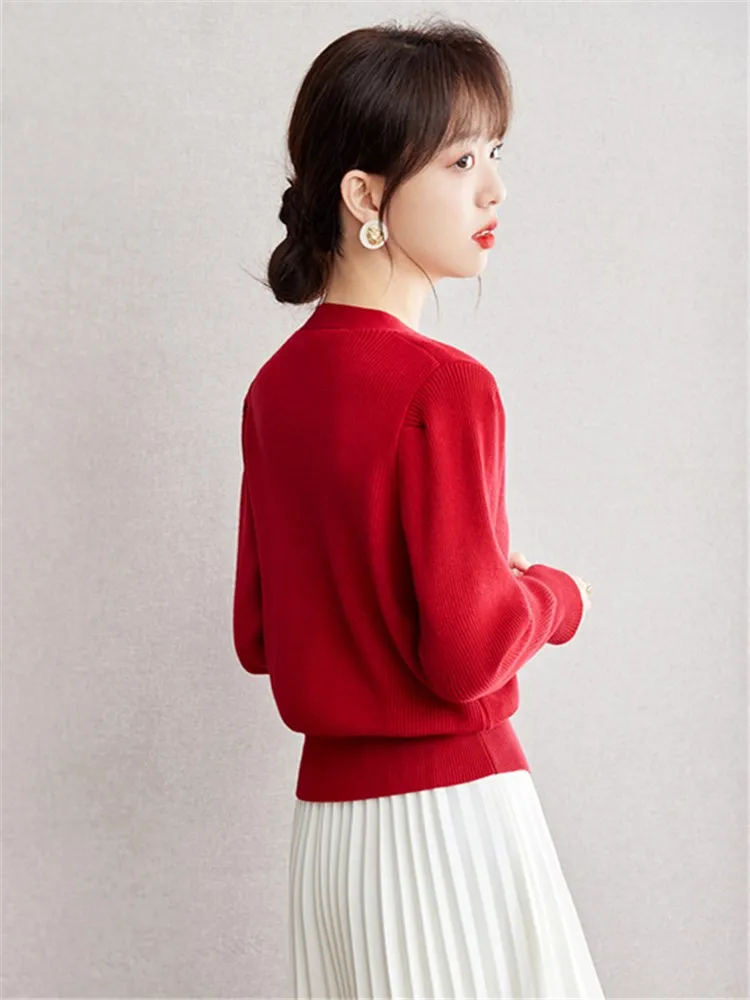 Red Knitted Cardigan V-neck Single Breasted Sweater Coat Autumn Winter Women Elegant Chic Slim Casual Short Wool Jacket C2663