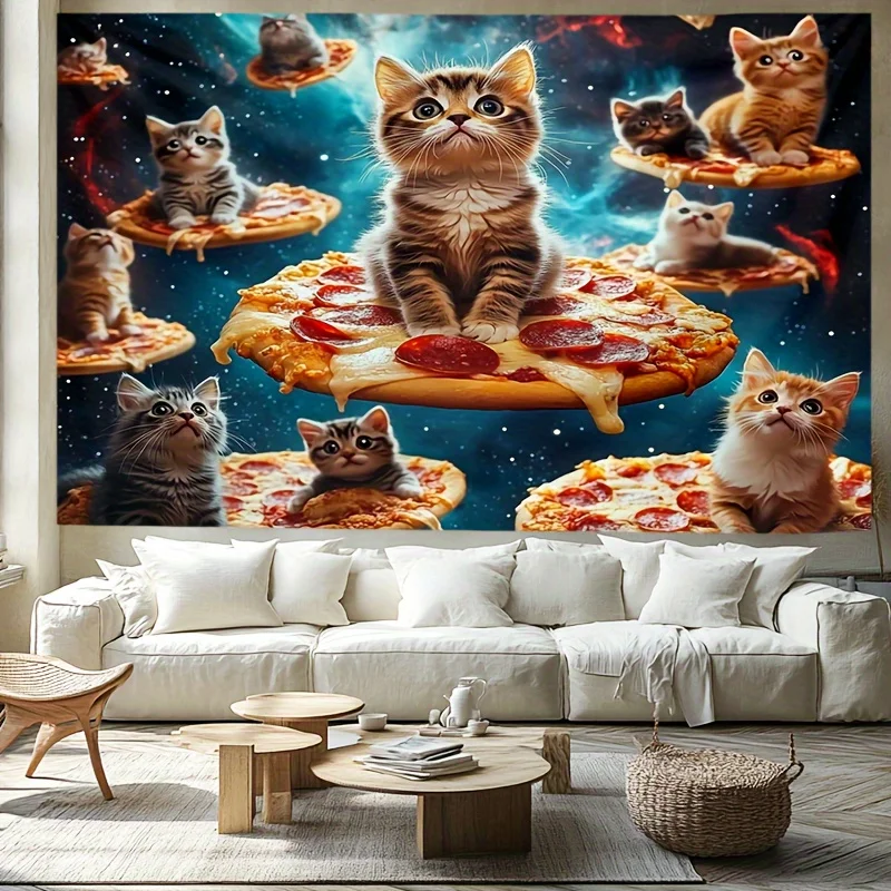 Adorable Galaxy Pizza Cats Tapestry, Kittens Riding Pizza in Space Wall Art, Kids Room & Dorm Decor suitable offices bars party