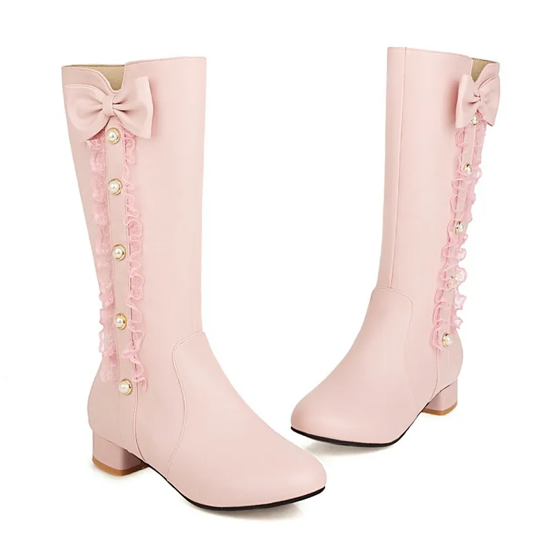 Stivali da ragazza con tacco basso dolce Cosplay Princess stivali lunghi da Lolita da donna rosa bianco nero Ruffles Bowknot scarpe invernali taglia