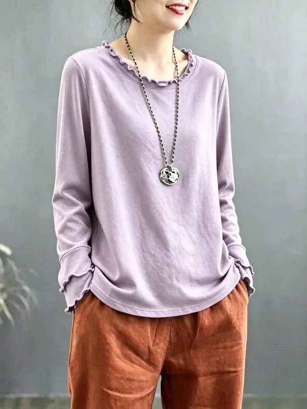 Youthful Cotton Long Sleeve round Neck T-Shirt Women's Loose Fit  Color Base Shirt Casual Style City Walk Travel Wear