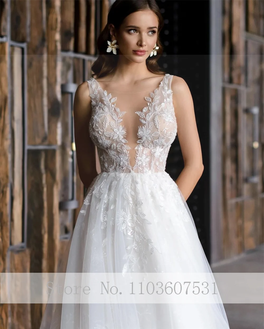 Robe de Mariée en Tulle Perlé avec Bretelles Spaghetti, Fente Latérale, Ligne A, Dos aux, Patients