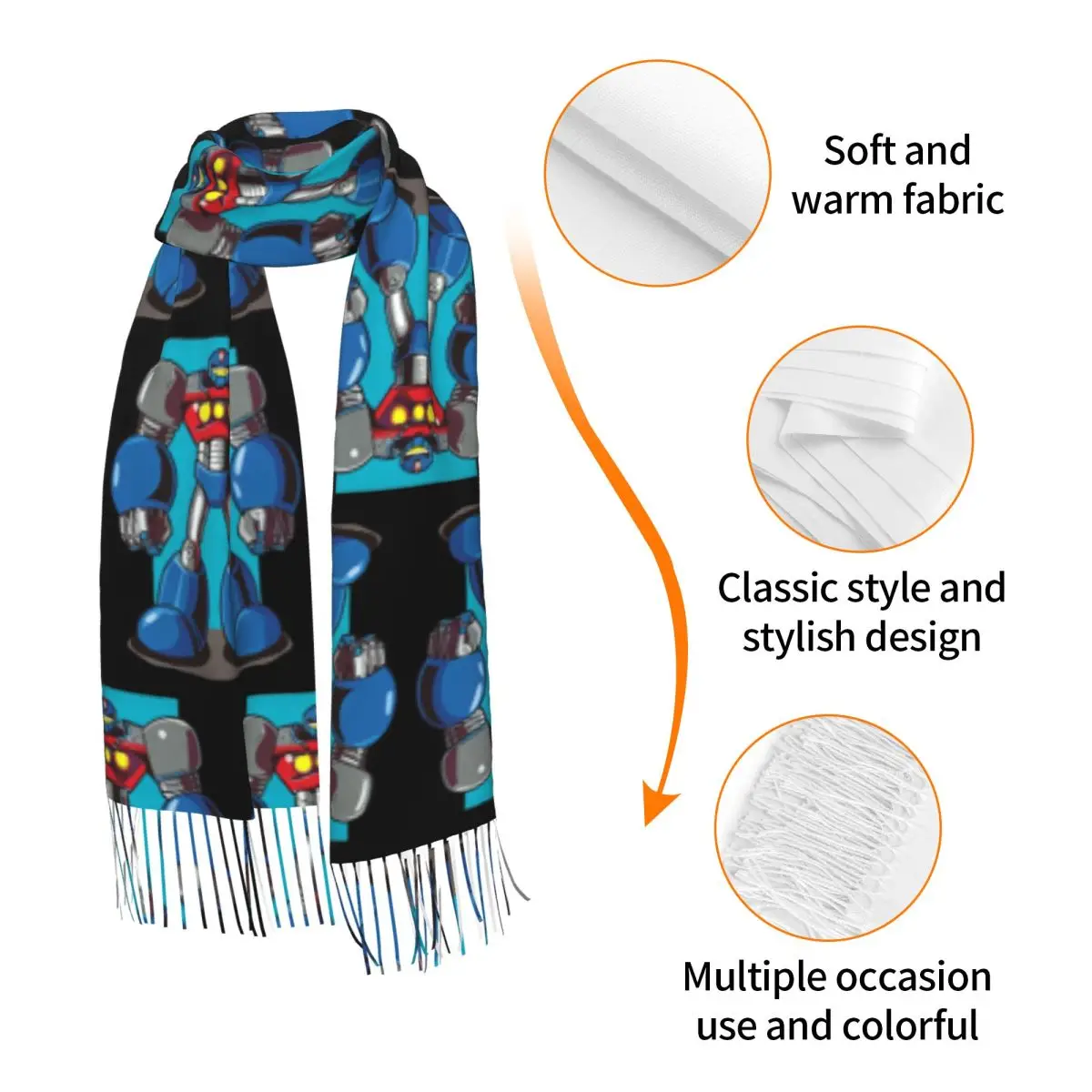 عارضة Tetsujin 28 روبوت وشاح شرابة الأوشحة النساء لينة الدافئة شالات ويلتف كبير الخريف الشتاء شال التفاف