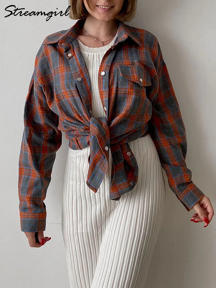 Streamgirl Oversized Plaid Shirt Women Long Tops Vintage Loose Blouses Ladies Casual Shirts Plaid Tops For Women Spring 2025