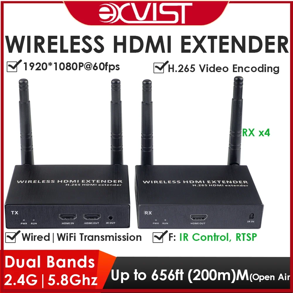 1080P WiFi Wireless HDMI Extender 1x Transmitter 4x Receiver 60fps HDMI Loop Up to 200M(656ft) 5.8GHz IR Control H.265 Encoding