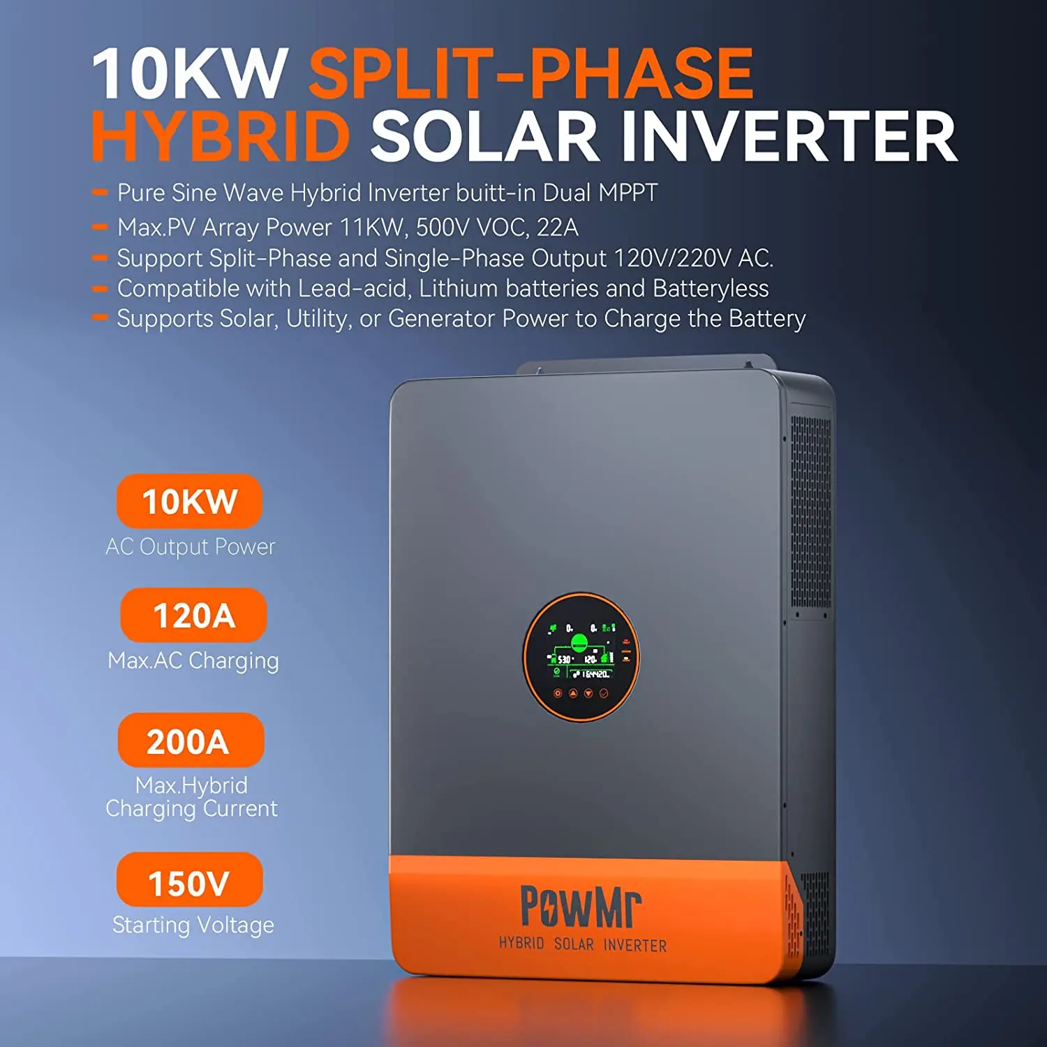 PowMr 10KW 48V DC to 120V/240V AC Split-Phase Pure Sine Wave Hybrid Inverter Built-in 200A MPPT Solar Charge Parallel Max 6 Unit