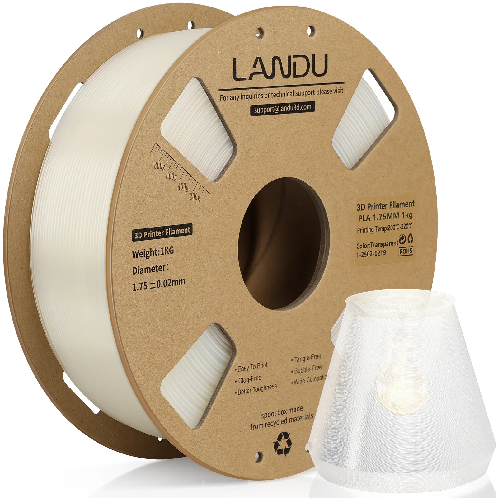 LANDU PLA Filament 1.75mm 1kg, 3D Printer Filament, Transparent PLA Material, Smooth Surface, Low Warping, Strong Layer Adhesion, Stable Feeding, Consistent Diameter, Vibrant Colors, High Quality FDM 3D Printing Materials for DIY Projects, Models