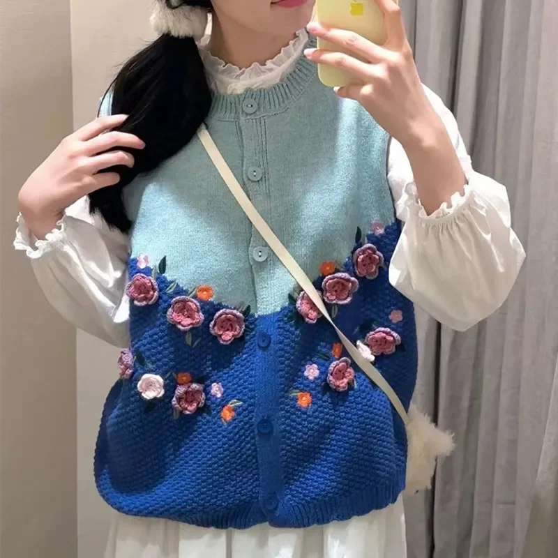 Vintage Patchwork Green Knitted Vest Women Loose Sleeveless V-neck Harajuku Sweater Vest Korean Style Y2k Oversized Tank Tops