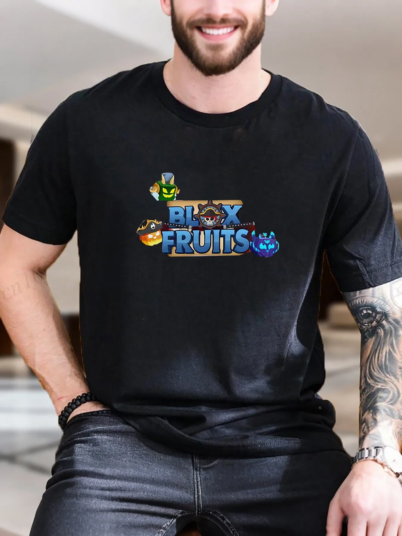 

New Arrival Fashion Men's Fruit Pirate Ship Print Cotton T-Shirt Breathable Soft Crewneck Tee for Casual Wear Trendy Graphic Top