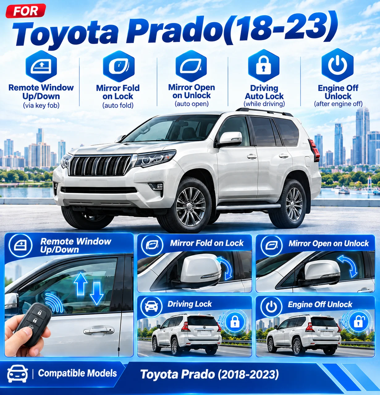 Accessories for Toyota Prado (2018–2023) featuring automatic window closing, speed-sensing door locking, and power-folding mirro