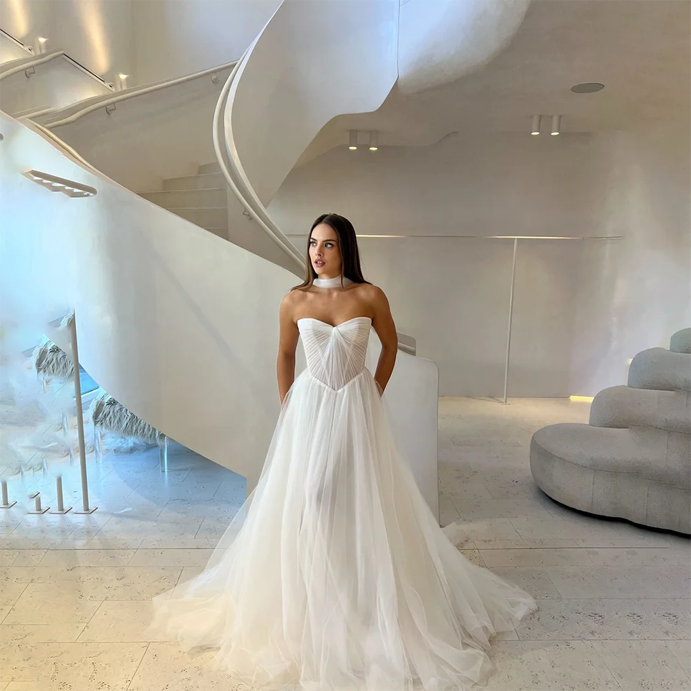Elegant Tulle Wedding Dress Sweetheart Neck Pleated Bodice A-Line Sweep Train Romantic Bridal Gown for Wedding Customized