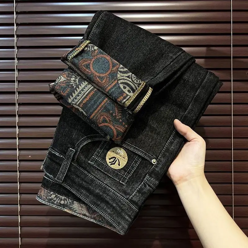 

Men's Pants Spring and Summer Embroidery Printing Luxury Elastic Slim Straight Pants Trendy Pants Black Men's Jeans for Men