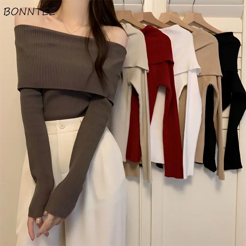 

Spring Autumn Pullovers Women Slash Neck Patchwork Solid Slim Long Sleeve Knitwear Simple Design Off Shoulder Sexy Stylish New