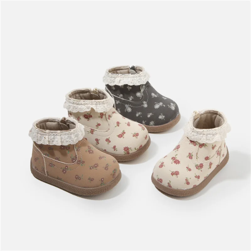New Autumn Baby Boots Leather Cute Flower Lace Princess Girls Shoes Kids Ankle Boots Fashion Toddler Baby Boots EU 16-26