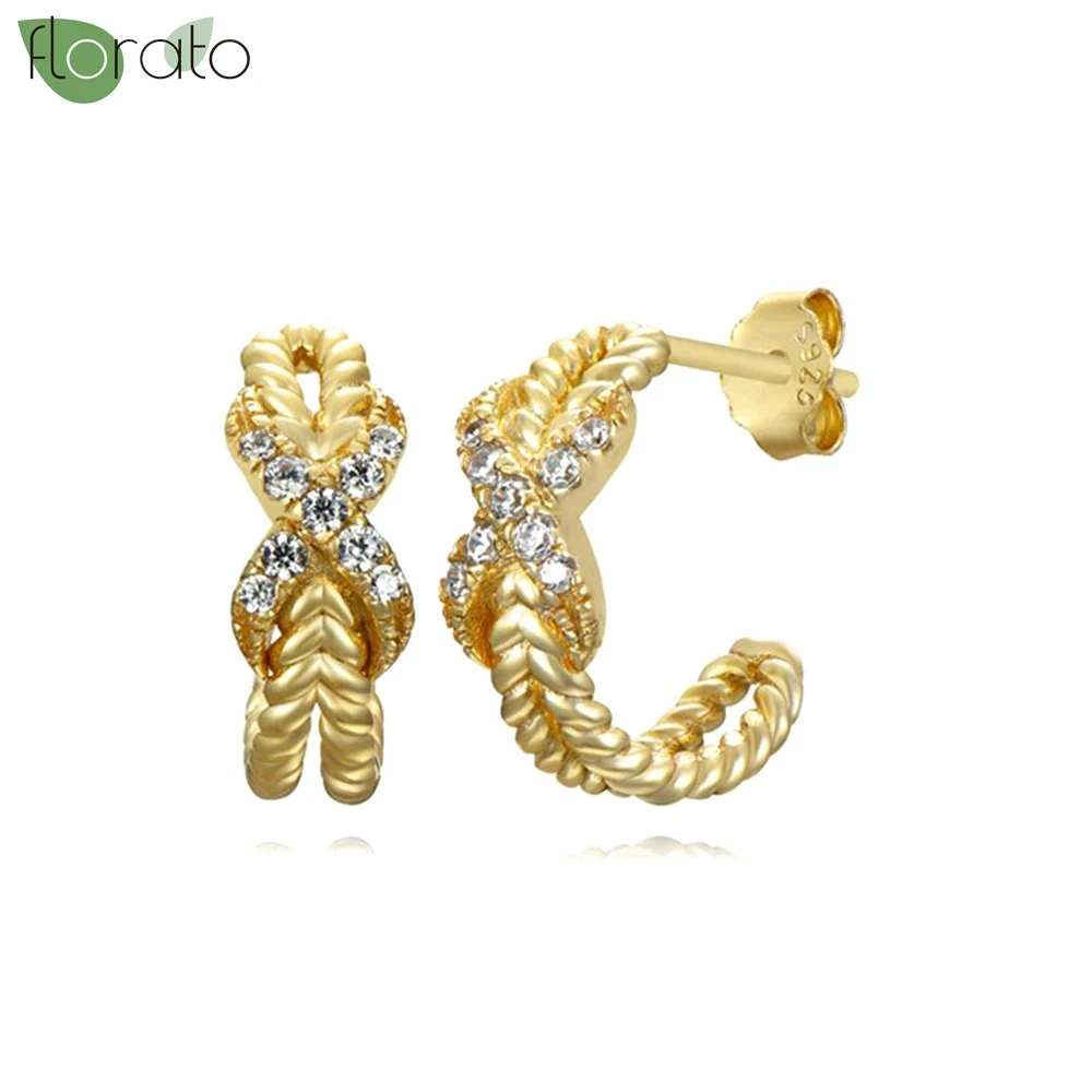 

925 Sterling Silver Needle Fashion Gold Color Threaded Cross Zircon Earrings 2024 New Hoop Earrings for Women Luxury Jewelry