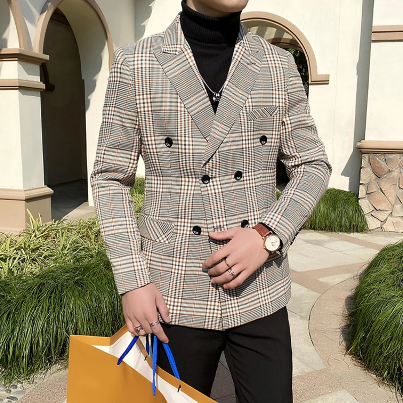 Autumn New Men's Business Casual Coat Blazers Double-breasted Lattice /Korean Version Slim Men's Suit Coat Jackets Dress Tuxedo