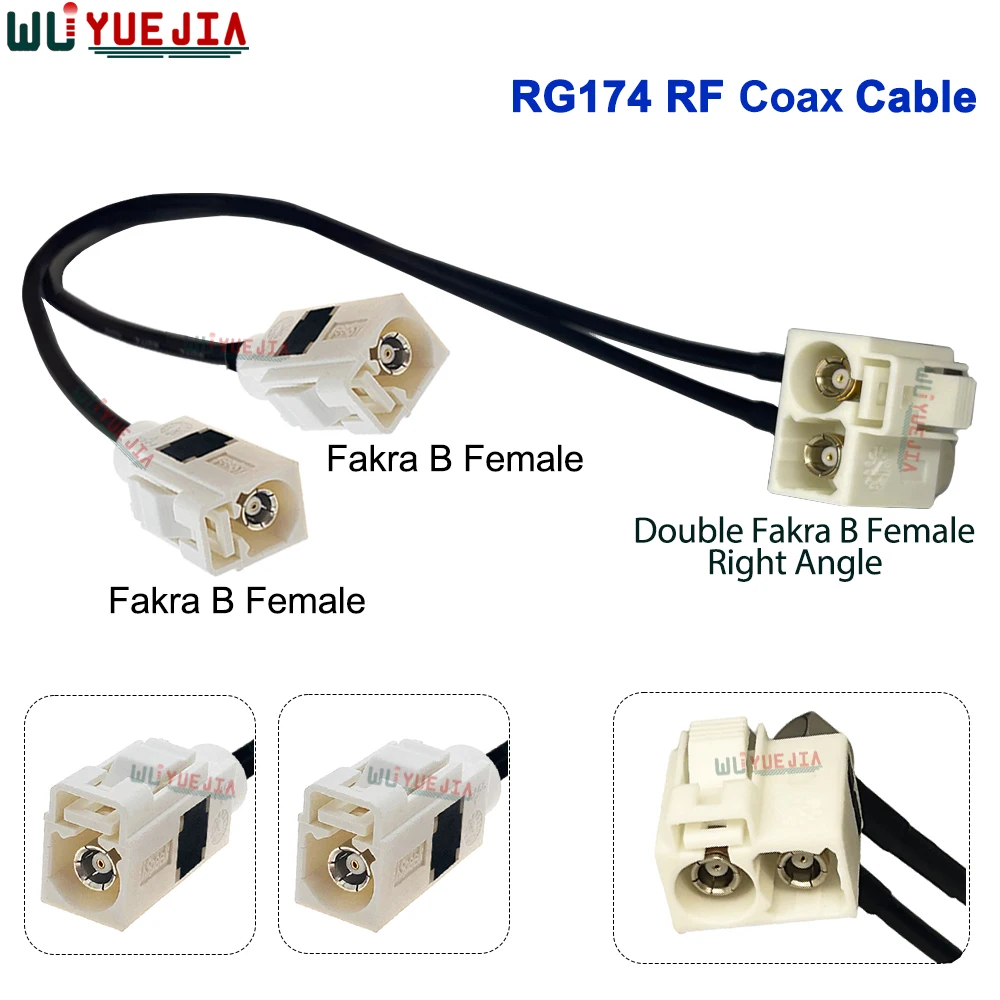 RG-174 التوأم الأبيض فقرا B أنثى الزاوية اليمنى إلى فقرا B ذكر التوصيل و Fakra B أنثى وصلة مرفاع 50 أوم RF كابل محوري