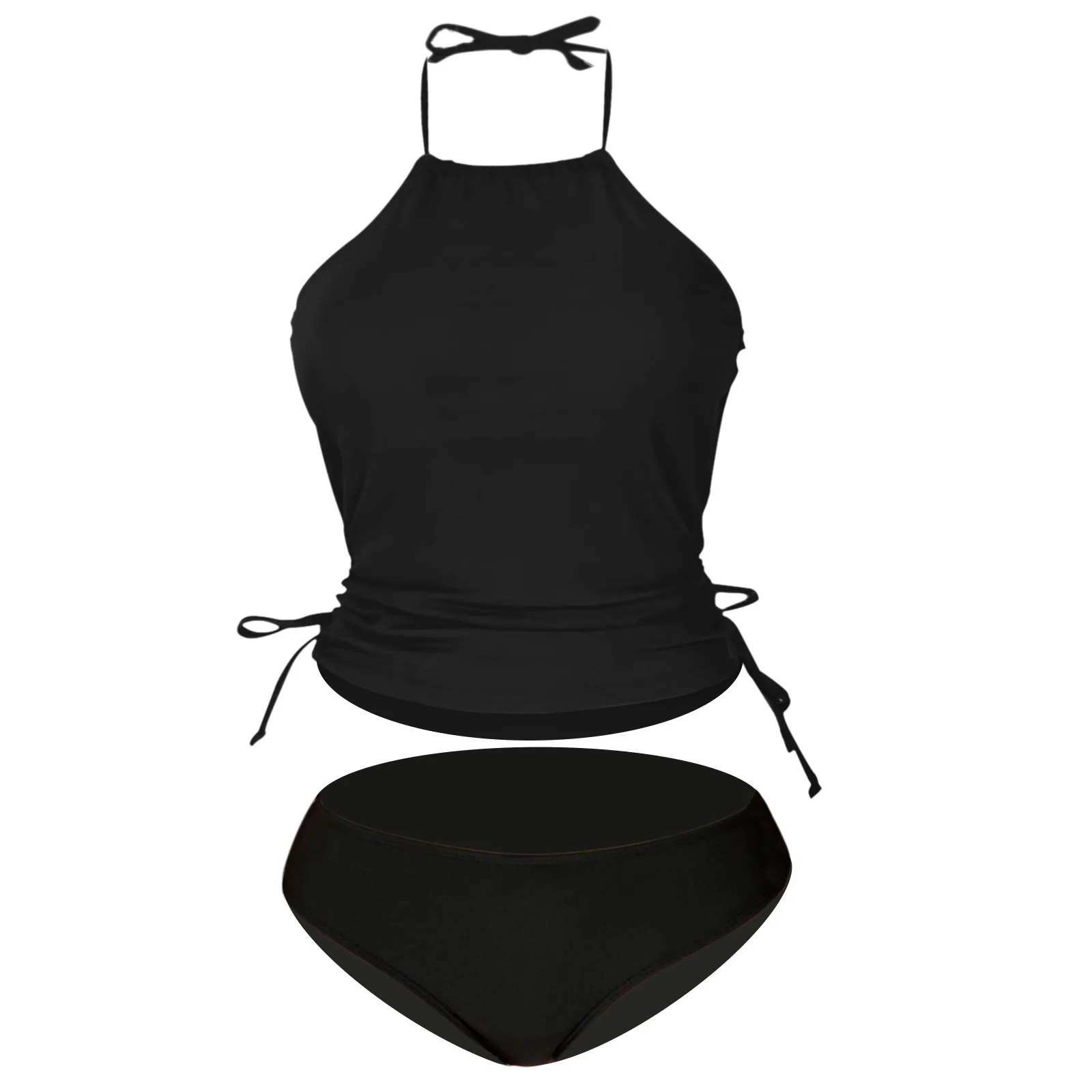 Damski strój kąpielowy Jednokolorowy sznurek z boku Halter Neck Tankini Set Czarny zestaw bikini Dwuczęściowy kostium kąpielowy Kostiumy kąpielowe