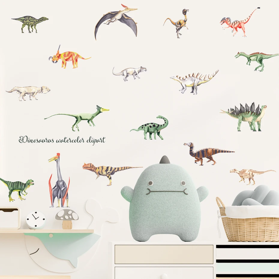 Cute Dinosaur Garden Pterosaur Watercolor Vinyl Nursery Stickers Wall Decals Print Kids Boys Girls Room Interior Home Decor