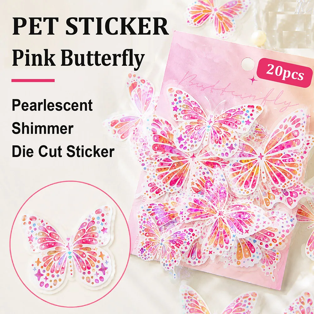 Shell Light Shining PET Sticker Butterfly Die Cut Sticker PK20 For DIY Crafts Decor, Card Making, Scrapbooking, Journal