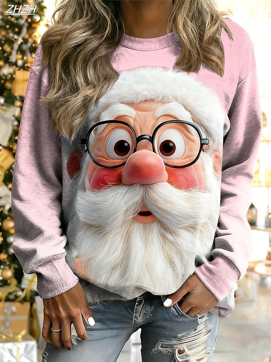 بلوفر نسائي برسومات سانتا لعيد الميلاد، رقبة دائرية مريحة وأكمام طويلة، نمط شارع المنزل، سترة كاجوال للخريف والشتاء