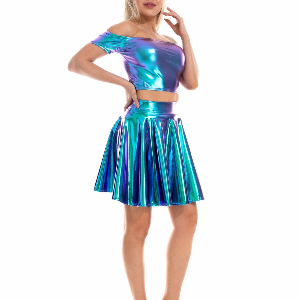 Festival Skirt Short Sleeve Slash Neck Crop Tops Pleated Mini Skirts Y2K Streetwear Shiny Wet Look PU Women Club Party Outfits