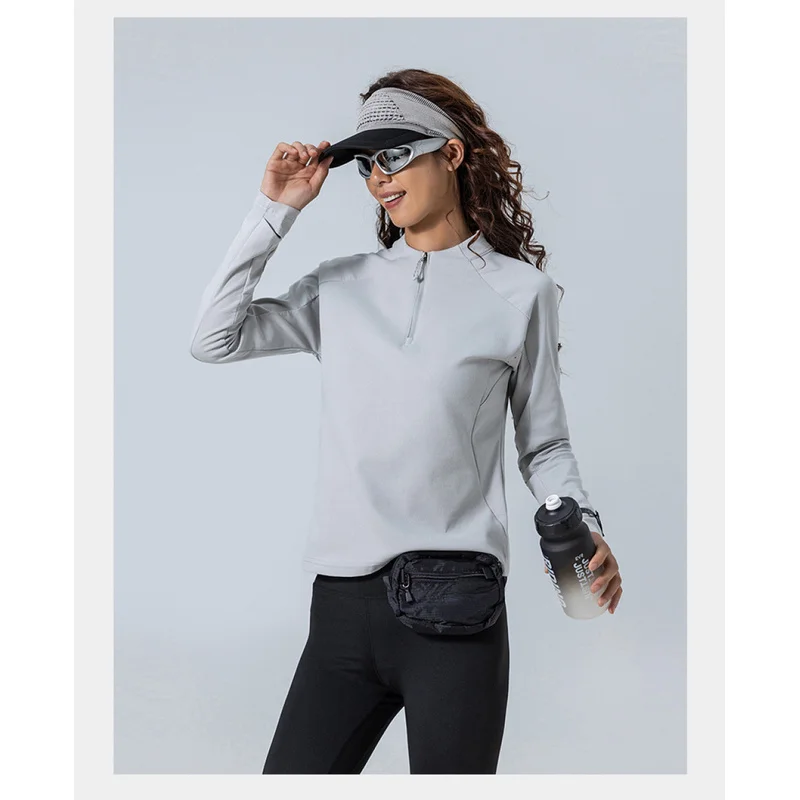 QICHE Women Half‑Zip Stand Collar Quick Dry Long Sleeve Top Autumn Slim Fit Yoga Cycling Outdoor Fitness T‑Shirt