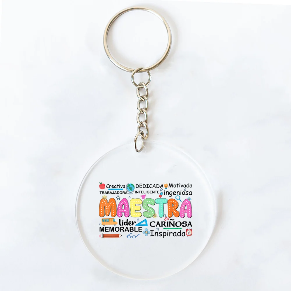 Back To School Gift Keychain Spanish Maestra Acrylic Keychain Cute Rainbow Pencil Pattern Keyring Pendant Decoration