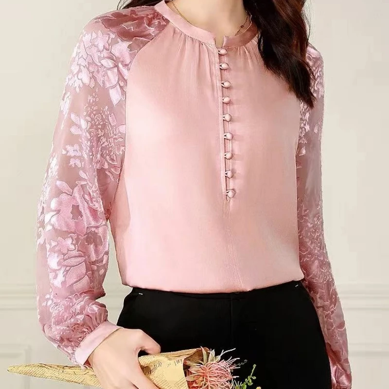 

Women Clothing Fashion Polka Dot Plus Size Button Blouse Spring Autumn New O-neck Ruffles Loose Vintage Shirt Top Casual Elegant