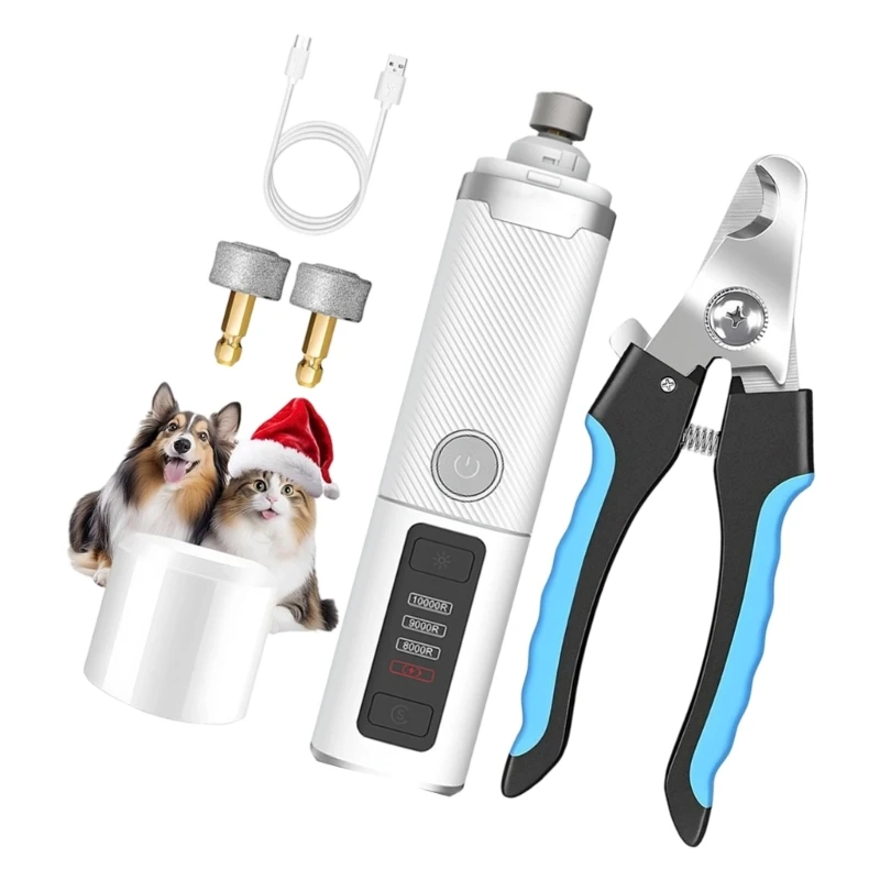 L9NB USB Rechargeable Pet File Set with LED Light, Three-Mode Handheld Grooming Device, Cutter and Charging Cable