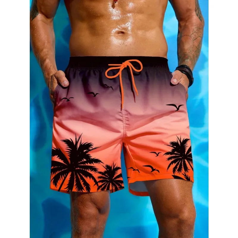 Short de bain respirant avec imprimé palmier pour hommes, short de planche à la taille, maillot de bain à la mode, impression 3D, vacances d'été, proximité, wstring, streetwear