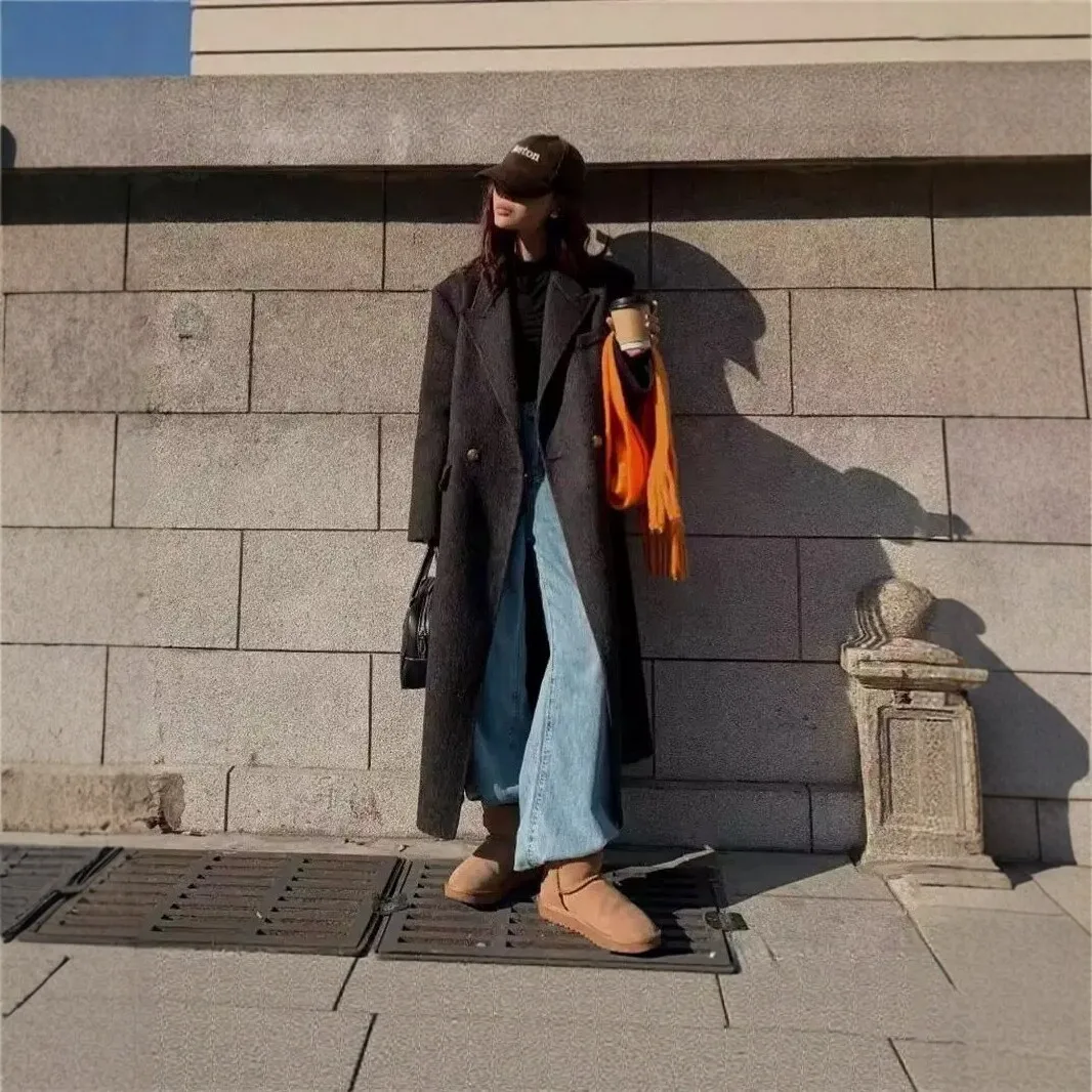 26 Autumn And Winter New Korean Version Shoulder Padded High-end Double-sided Wool Coat Extended Suit Collar Temperament Wool
