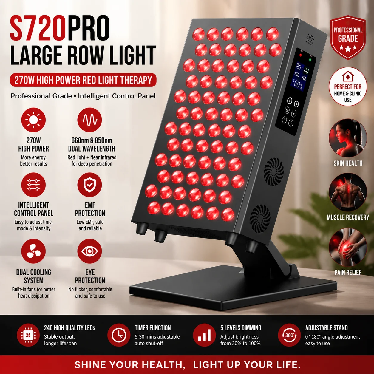 Professional Grade S720PRO Large Row Light 270W Intelligent Control Panel