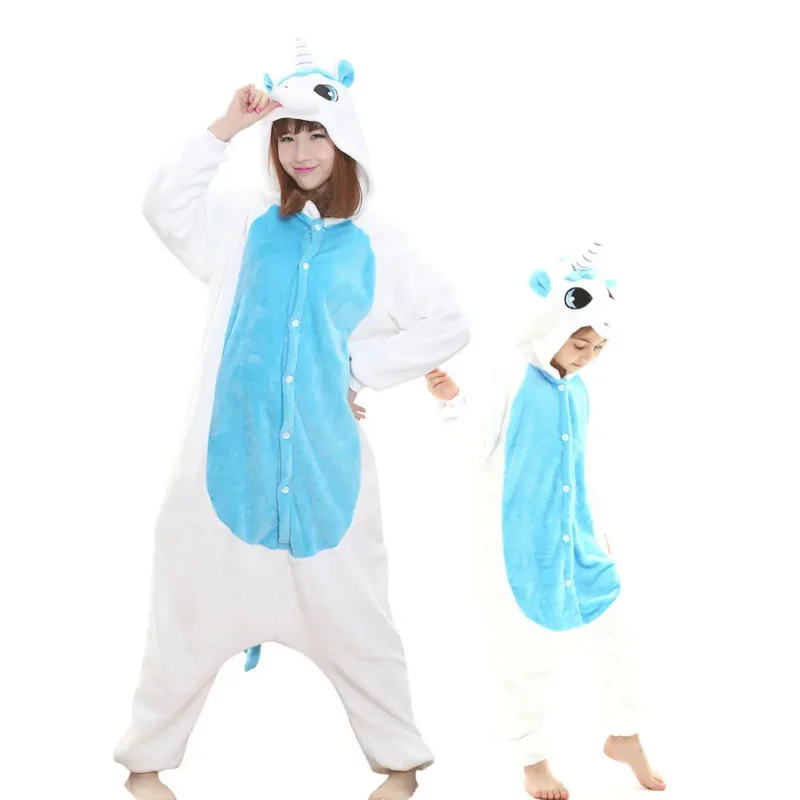 Blue Unicorn Onesie Animal Kigurumis Mother Girls Halloween Family Suit Warm Pajama Set With Slippers Chiristmas Cute Sleepwear