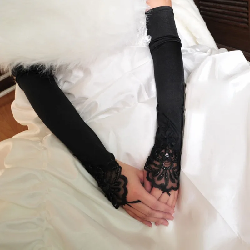 Bridal Wedding Dress Gloves Lengthened Fingerless Small Embroidered Flat Beige Black Red Gloves  Wedding Gloves for Bride