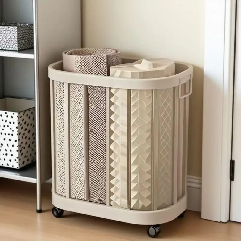 Beige Rolling Laundry Basket With Wheels, 2-Compartment Dirty Clothes Hamper, Breathable Hollow Design Storage Bin For Bathroom
