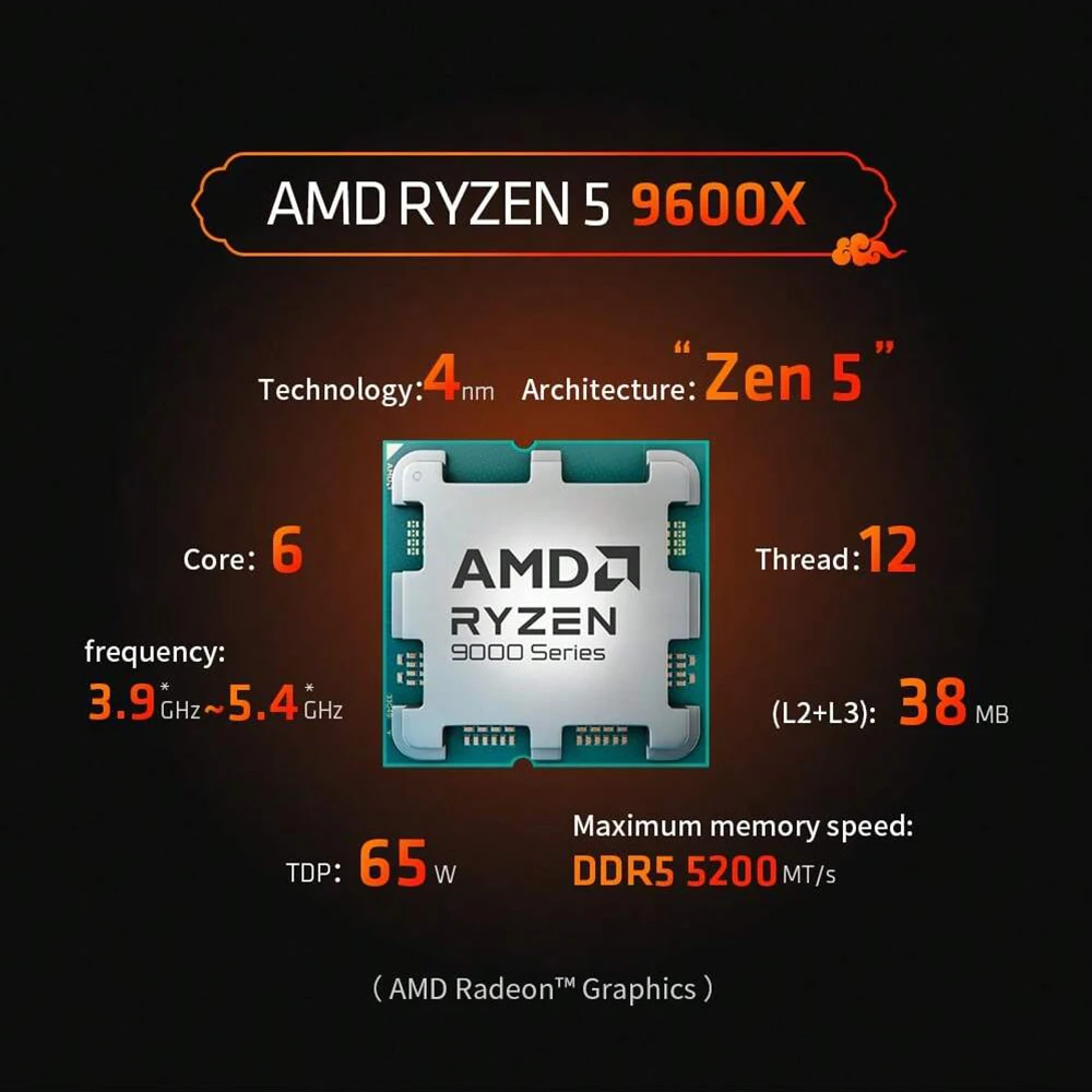 AMD Ryzen5 9600X  6 core 12 thread  Up to 5.5 GHz  32 MB L3 Cache AM5  ZEN5 PCIe® 5.0 DDR5  Ryzen 9000 Series