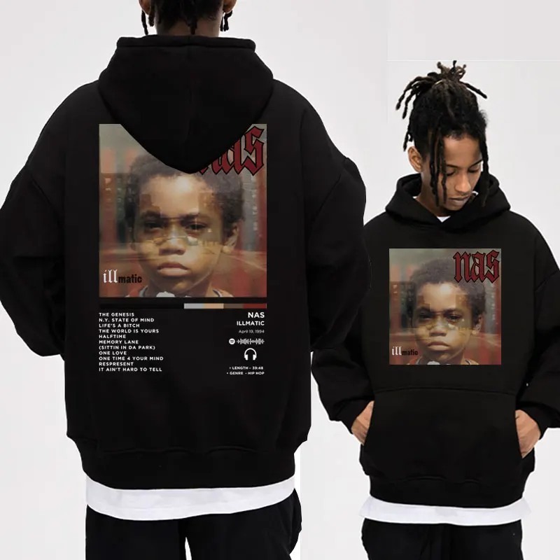 Raper Nas Illmatic okładka albumu bluza z kapturem męska odzież damska moda Retro bluzy Hip Hop Oversized sweter Streetwear