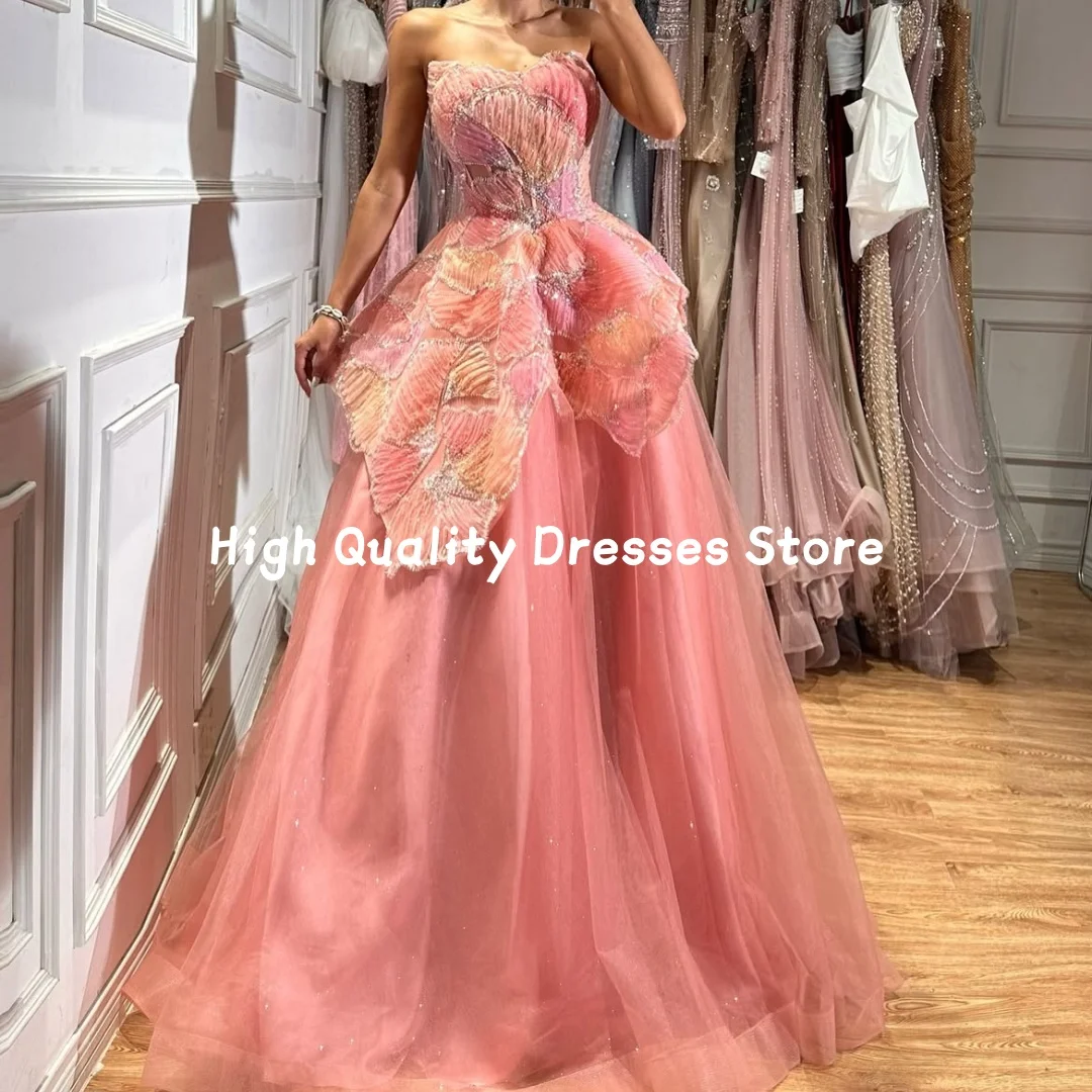 Evening Dresses New Gradient Strapless Crystal Leaf Peplum Glitter Tulle Dress Floor Length Homecoming Gala Outfit Customized
