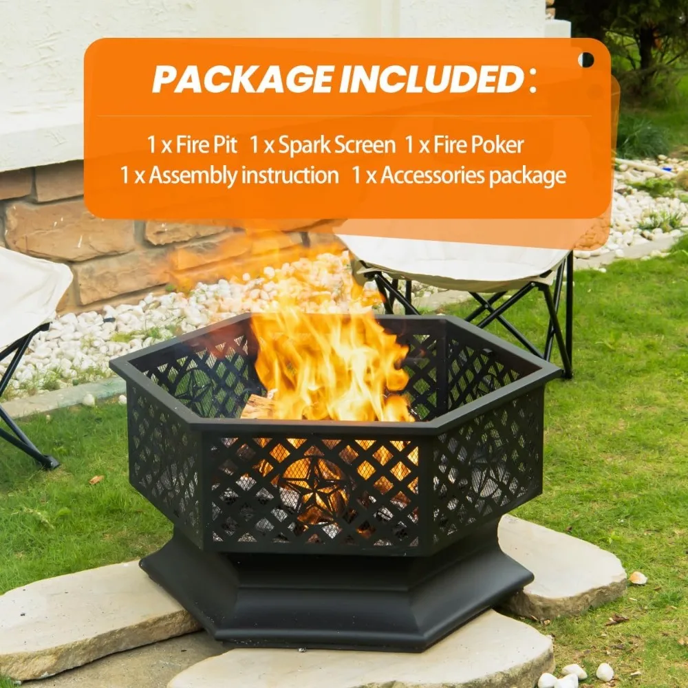 Outdoor Hexagonal Wood Burning Fire Pit with Spark Screen and Poker, 28 Inch Metal Fire Pit for Outdoor Use