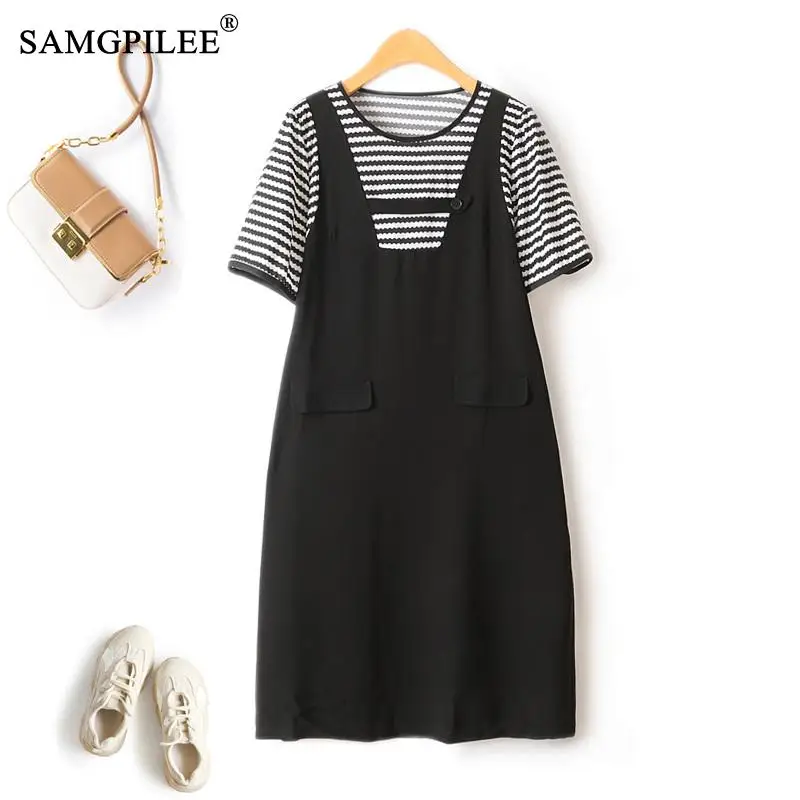 

Drape Thin Material Summer Fake Two Piece Casual Dress O Neck Straight Striped Splicing Pullover Elegant Party Dresses Woman