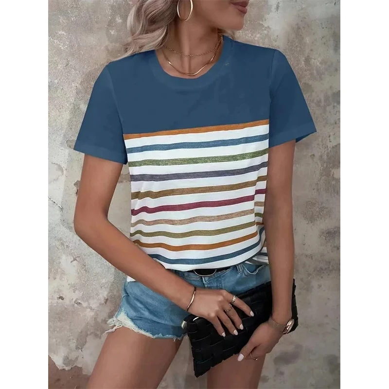 Summer Women\'s Fashion Stripe Pirnt T-Shirt Holiday Party Casual Shirt Harajuku Female Clothing Short-Sleeved Round Neck Tshirts