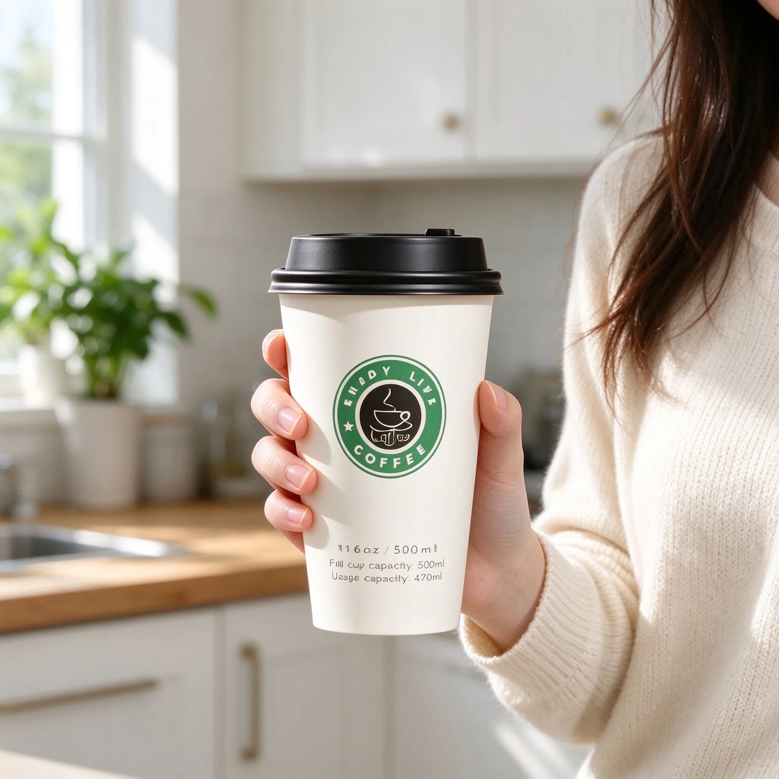 50Pcs 12/14/16oz Disposable Double‑Wall Paper Cups, Enjoy Life Printed Hollow Hot Drink Cups for Cafe Takeaway Party and Office