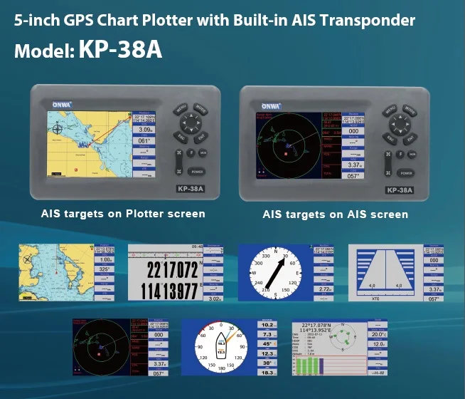 ONWA KP-38A 5-inch Color LCD GPS Chart Plotter with GPS Antenna and Built-in Class B AIS Transponder Combo Marine GPS Navigator